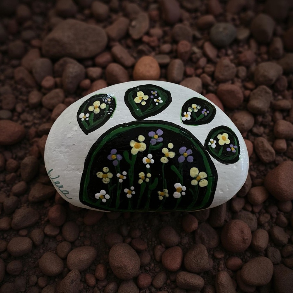 Hand crafted painted floral paw rock white background stone 3x1.5 inch approx - Picture 11 of 13
